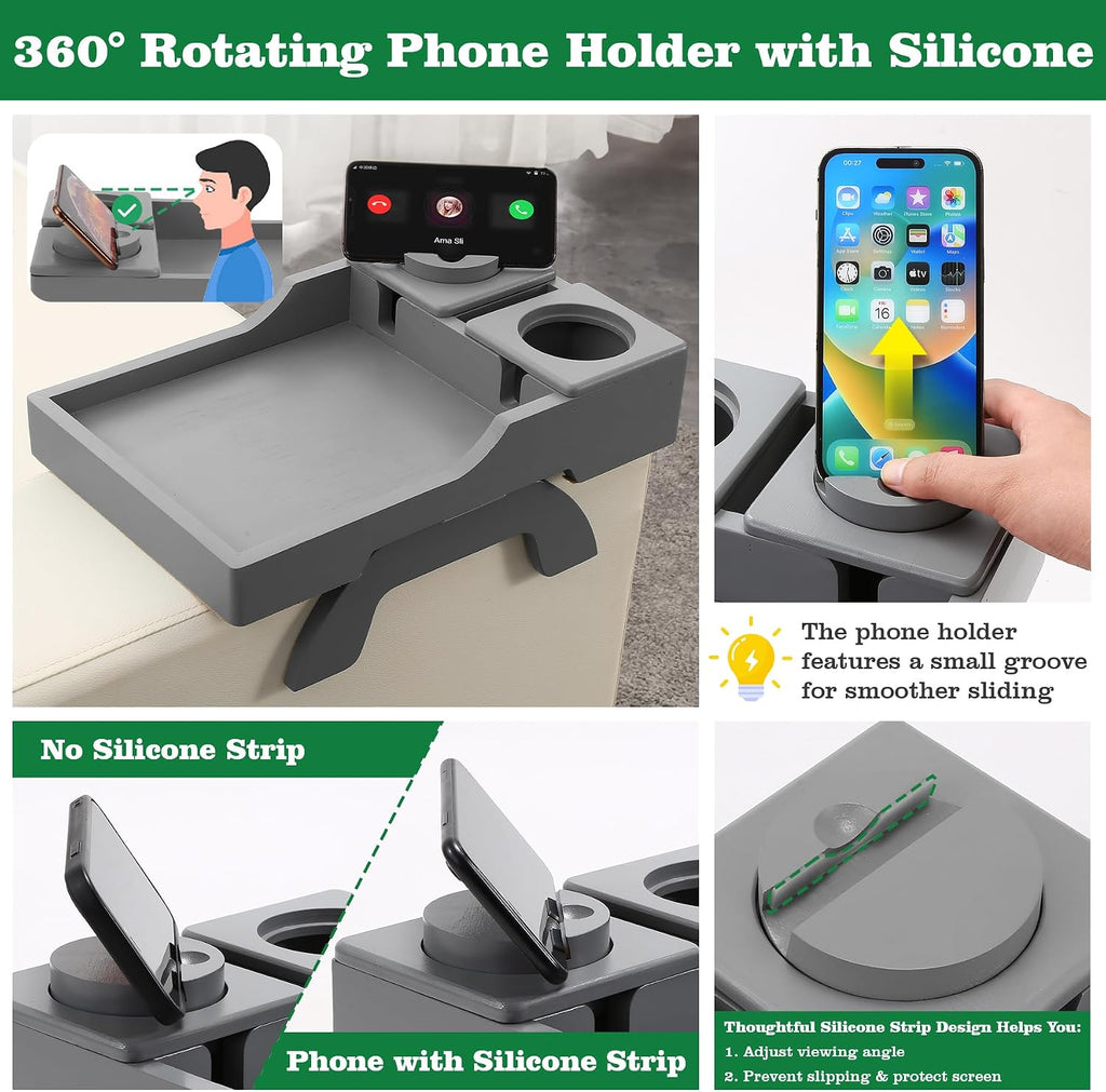 Couch Cup Holder, 4-in-1 Side Couch Arm Tray with Phone Holder, Sofa Clip on Side Table for Wide Couches Arm, Suitable for Home Drinks/Remote/Snacks-Grey - Image 7