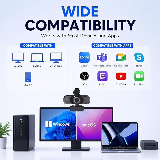 1080P Webcam with Microphone, USB Camera for PC and Laptop, Privacy Cover | For meetings, remote work, classes, streaming, and video calls; includes 105° wide view, privacy cover, and mini tripod - Image 9