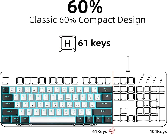 Snpurdiri 60% Wired Mechanical Gaming Keyboard (Black-White, Blue Switches) | Ice Blue LED Backlit 61 Keys Mini Wired Office Keyboard for Windows Laptop PC Mac - Image 2