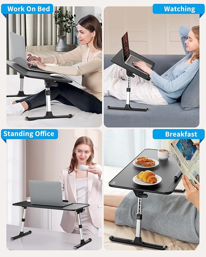 SAIJI PU Leather Laptop Bed Tray Table, Adjustable Laptop Stand with Removable Stopper, Portable Lap Desks with Foldable Legs, Notebook Stand Breakfast Reading Desk for Sofa Couch(Large, Black) - Image 6