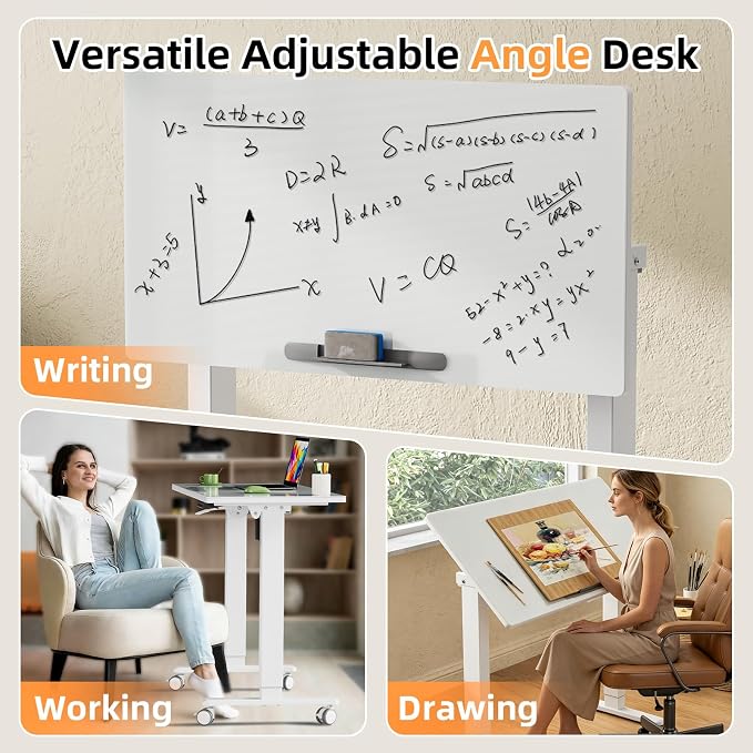 40" Glass Drafting Table, 90° Tilt Height Adjustable Standing Desk | White Foldable Whole-piece Electric Rising Table with 4 Lockable Wheels, Mobile Laptop Cart for Working, Drawing, Crafting - Image 5