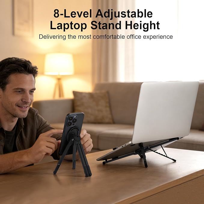 3-in-1 Foldable Magnetic Phone Tripod Stand, Portable Aluminum Alloy Adjustable Holder for Tablet, Laptop MacBook Pro/Air 10–16", Magnet Phone Mount Compatible with MagSafe iPhone Android - Image 3