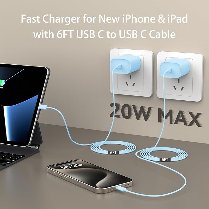 iPhone 17 16 15 Pro Max Charger Fast Charging, 6 FT iPhone 17 Charging Cable Long USB C Cord with 20W PD Fast iPhone 17 Pro Max Chargers Block for iPhone 17/17 Pro Max/17 Air/iPhone 16/15 Series, iPad - Image 7