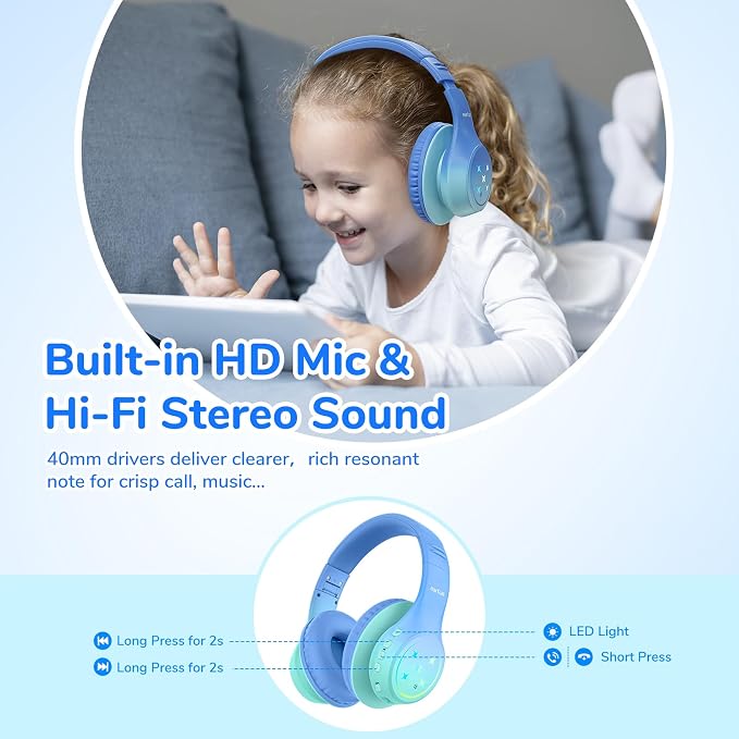 EarFun K4 Kids Bluetooth Headphones, Wireless Headphones with Lights Green | 74/85/94dBA Volume Limited, Built-in Mic, 90H Playtime, Bluetooth 5.4 Over Ear Headphone for iPad/Tablet/PC/School, Green - Image 4