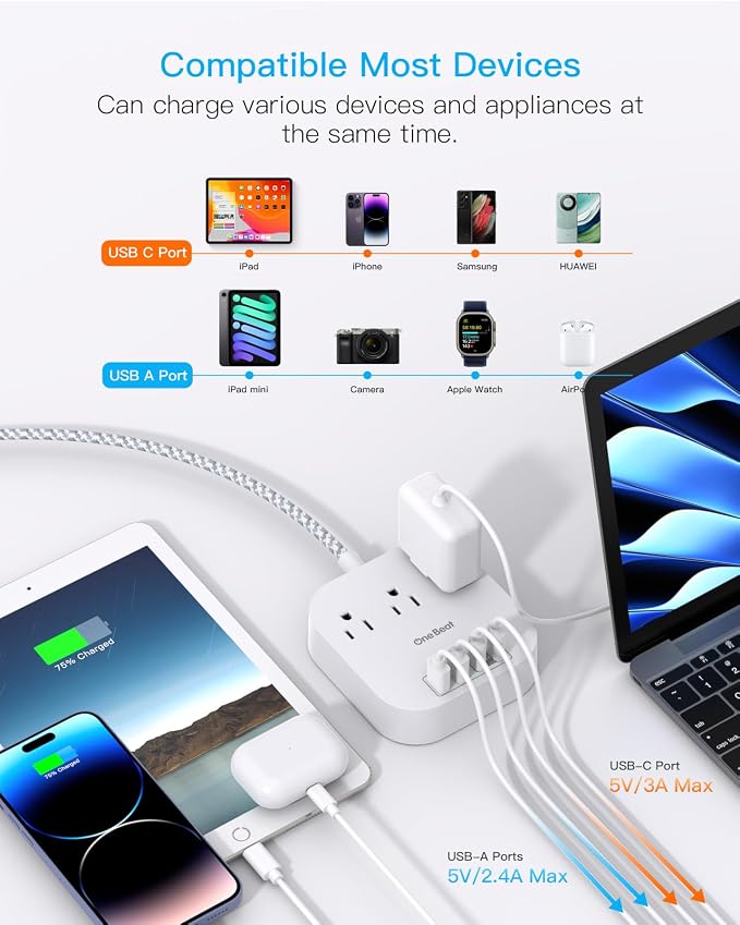 One Beat Power Strip with USB C, 3 Outlets 4 USB Ports, 10ft Braided Extension Cord, 22.5W Desktop Charging Station, Flat Plug, Non Surge Protector, Home Office Cruise Travel, ETL Listed, White - Image 6