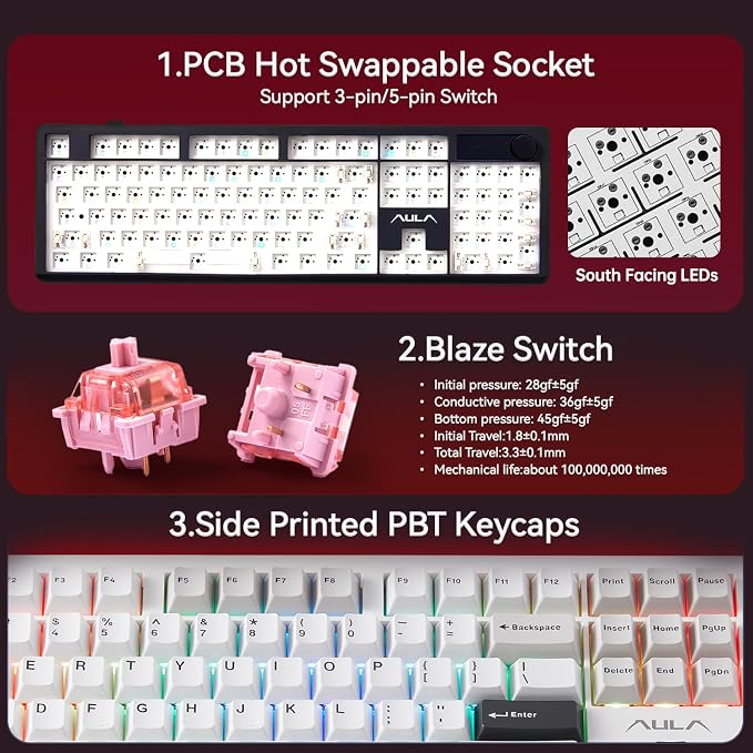 AULA F106 Pro Wireless Gaming Keyboard Creamy Mechanical Keyboards 104 Keys | 8000mAh,Hot Swappable Custom Full Size Knob&Screen,RGB Backlit,Pre-lubed Blaze Switches,PBT Keycaps,Tri-Mode BT/2.4GHz/USB-C - Image 7