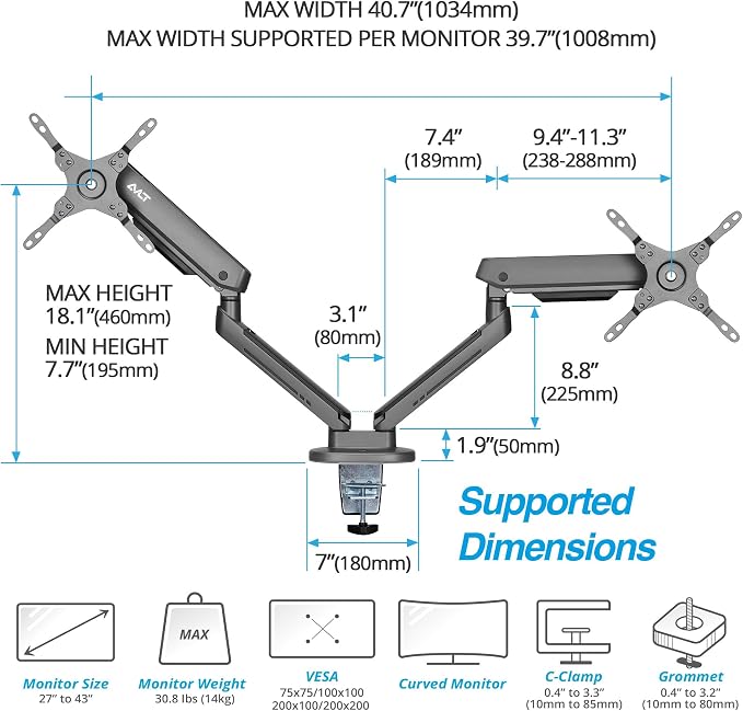 AVLT Dual 27”-43” RGB Gaming Monitor Arm Desk Mount -Dark Gray | 20 Lighting Modes Touch Button Control Fits Flat/Curved/Ultrawide Screen Height Swivel Tilt Rotation Adjustable Monitor - Image 4