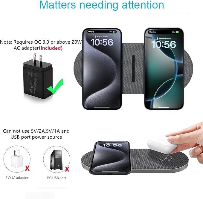 40W Wireless Charging Pad,Dual 20W Charging mat for Apple iPhone 16 15 14 13 12 11 Pro/Max/Mini/Plus/XS/XR,Airpods 4/3/Pro,2 in 1 Wireless Phone Charger for Samsung,Pixel,Xperia(with PD Adapter) - Image 6