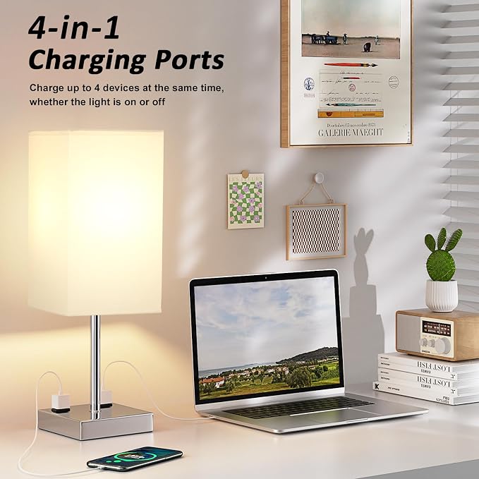 17.4" White Touch Table Lamp for Bedroom - Dimmable, USB C+A, 2 AC Outlets | 3-Way Dimming, 3000K Bulb Included, Square White Lampshade and Silver Base, Desk Lamp for Nightstand, Living Room, Dorm - Image 3