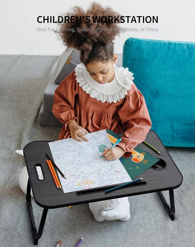 ZEAPTAC Laptop Bed Desk, Foldable Lap Desk, Portable Lap Table, Laptop Stand with Cup Holder, Tablet Slot & Lifting Handle for Work, Write, Draw & Eat on Bed, Sofa or Couch - Black - Image 3