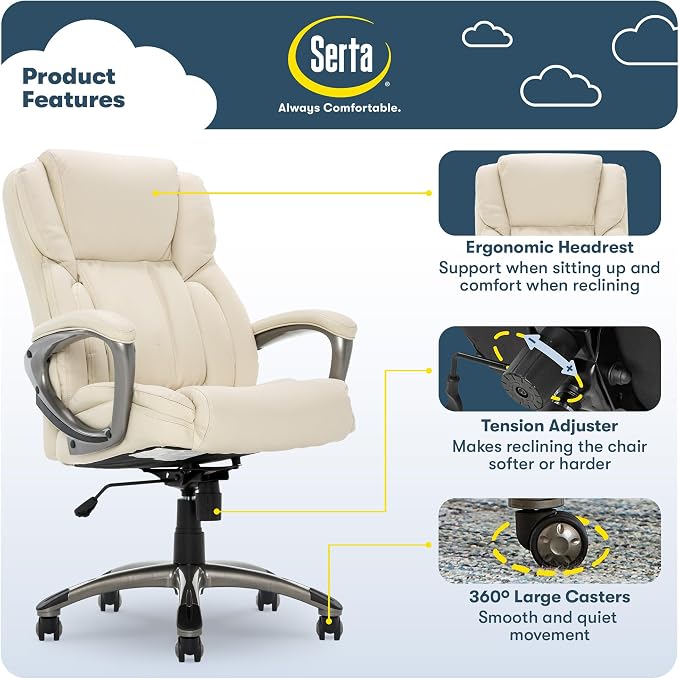 Serta Ergonomic Executive Office Chair with Lumbar Support, Leather Chair | Garret, Back Pain Relief, Foam Seat Cushion, Padded Arms, Adjustable Height and Reclining, Home Desk Chair with Wheels, Beige - Image 3