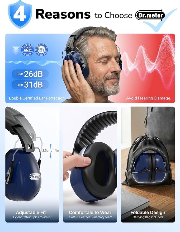Dr.meter Ear Protection Ear Muffs, 31dB Noise Cancelling Headphones for Shooting Gun Range with Adjustable Headband, Noise Reduction Earmuffs for Adults Kids Autism Sensory, Yard Work, Mowing - Image 3