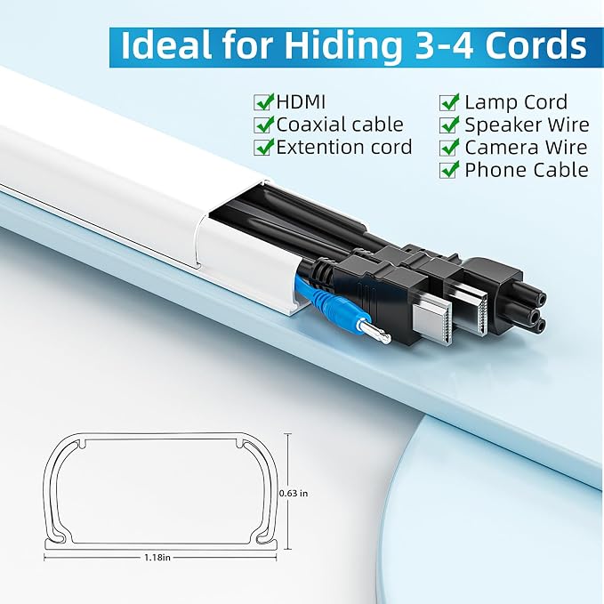 Yecaye 142in Wall Cord Hider for 3-4 Cords, W1.18in H0.63in, White | Large Cord Covers for Wires on wall, On-Wall Cord Cover Cable Concealer - Image 2