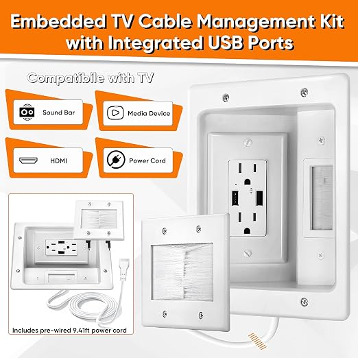 in Wall Cable Management Kit with Brush Wall Plate, AC Outlet & USB-A Port | Integrated Embedded Design, Perfectly Compatible with Structured Cabling - Image 2
