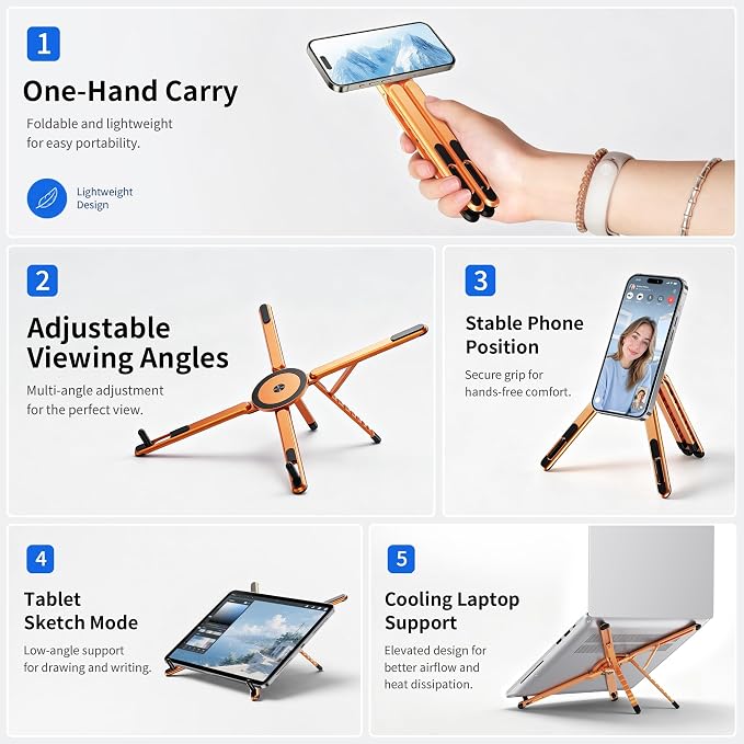 Portable Laptop Stand, 3-in-1 Magnetic Foldable Adjustable, for Desk | Aluminum alloy, lightweight compact, 8-level height, ergonomic, for phone/tablet, home office/travel - Image 8