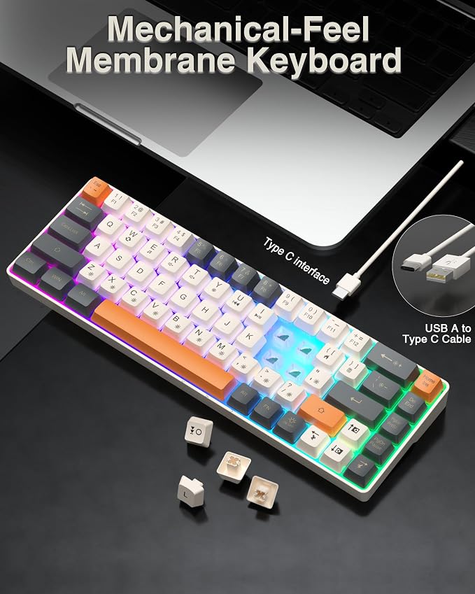 CORBOBO 60 Percent Keyboard,RGB Backlit Gaming Keyboard USB-C Wired,Portable 68 Keys Compact Mini Keyboards for Business Trips,Office,PC Games (SK968,Grey&Orange) - Image 4
