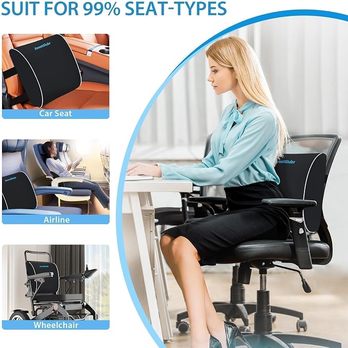 SweetSlubr Lumbar Support Pillow for Office Chair,Back Support(Black,Large) | 3.9" Thick, Memory Foam, Adjustable Straps, Machine Washable Mesh Cover, Lower Back Pain Relief for Office, Car & Gaming - Image 7