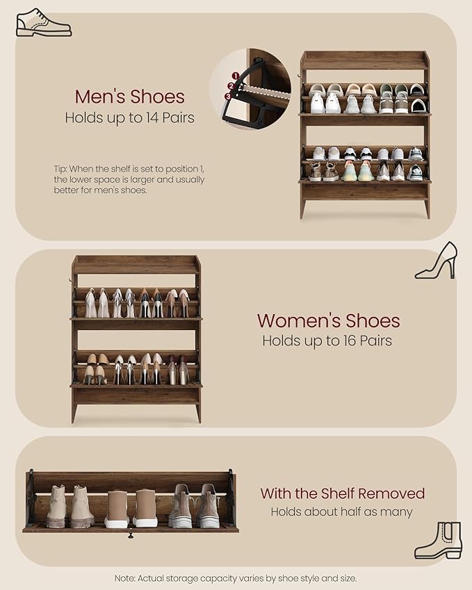 VASAGLE Narrow Shoe Storage Cabinet Organizer with 2 Flip Drawers | Freestanding Shoe Rack, Fits 14 to 16 Pairs, for Entryway, Farmhouse Style, Honey Brown, HAINS Collection UHSC203KB01S - Image 6