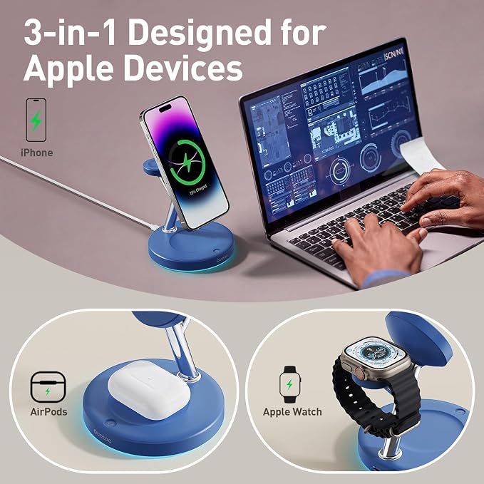 【Adjustable Blue Ambient Light】 Wireless Charger 3 in 1 for iPhone, Magnetic Charging Station for Apple Family,15W Fast MagSafe Charger Stand,for iPhone17-12-iWatch AirPods Series - Image 3