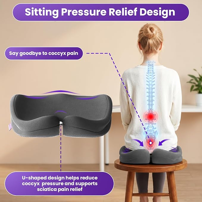 ZZ-WELL Seat Cushions for Office Chairs, Patented Pressure Relief Coccyx Cushion for Tailbone Pain, Memory Foam Butt Pillows for Wheelchair Car Sitting, Carrying Handle, Non-Slip (Grey, Large) - Image 2