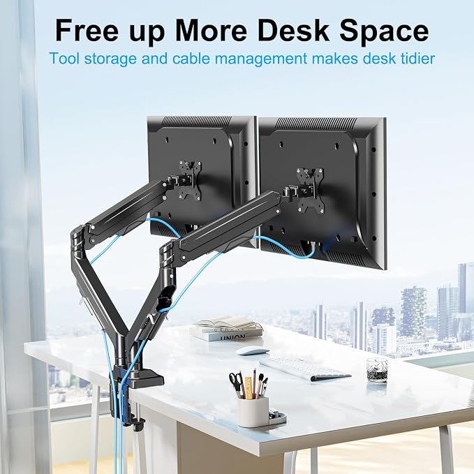 Dual Monitor Mount for Screens up to 43", Heavy Duty Monitor Arm | Ultrawide Desk Mount Holds 2.2-33lbs Each, Premium Gas Spring Adjustable Computer Monitor Arm for 2 Monitors, VESA Mount - Image 5