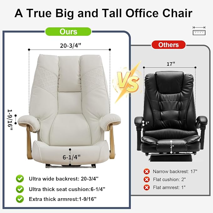 EXCEBET Big and Tall Executive Office Chair with Footrest, 400LBS Capacity Ergonomic High-Back Desk Office Chair with Lumbar Support, Padded Armrests & Thick Cushion, White PU Leather Chairs - Image 4