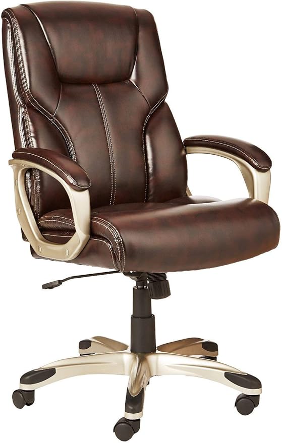 Amazon Basics Executive High Back Office Chair, Adjustable Height, Tilt, Swivel, Padded Armrests, Brown/Gold by AmazonBasics