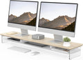 Fenge 42.5" Dual Monitor Stand with Clear Acrylic Legs, Oak | Clear Acrylic, Storage Compartment, 2-tier Home Office Monitor Riser, Wide Large Desktop Shelf Fit Monitor/Laptop/Printer by Fenge