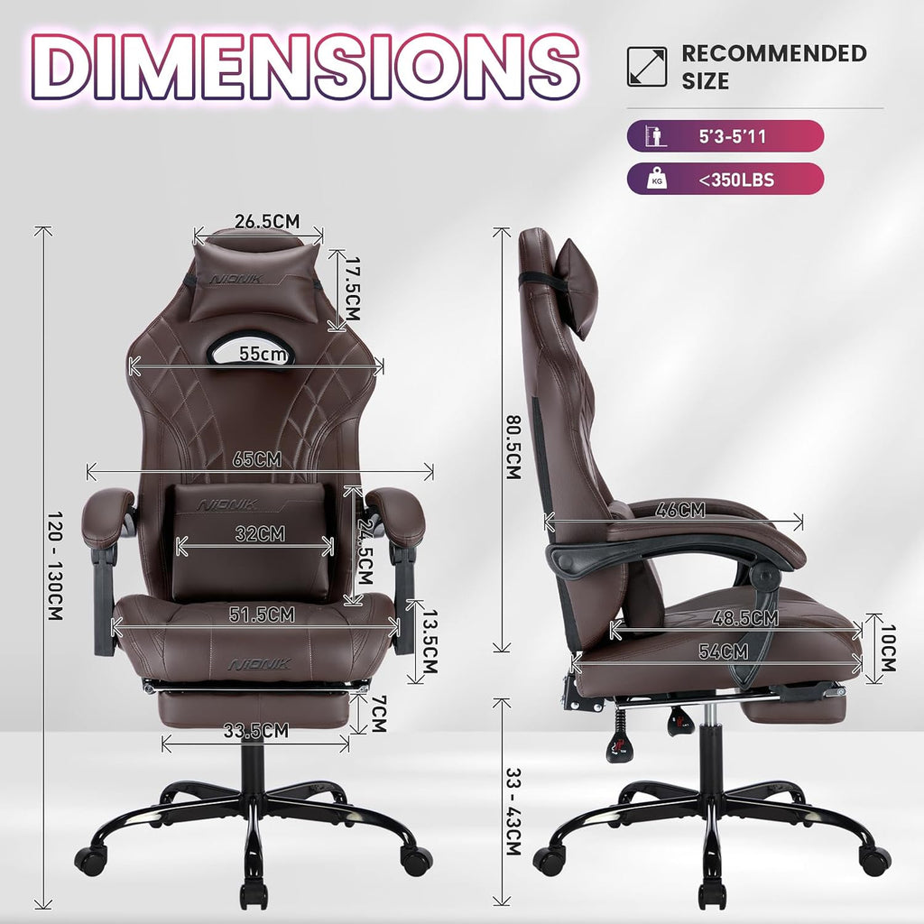 Gaming Chair with Footrest and Massage Lumbar Support, Ergonomic Computer Gamer Chair, Office Video Game Chairs with Adjustable Height and Backrest (Coffee) - Image 3