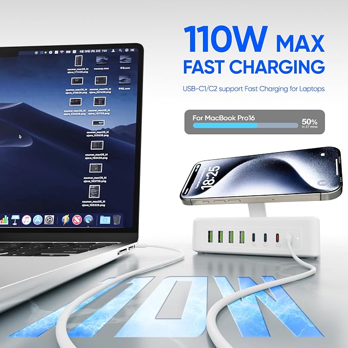 300W USB Charging Station, 11-in-1 USB C Power Strip Surge Protector, 2AC Outlets & 8USB Ports, 5ft Flat Plug Extension Cord with Multiple Devices, Desktop Charger for Home Office Desk - Image 4