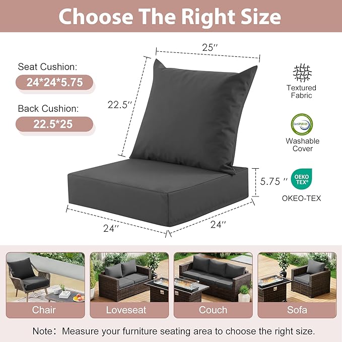 Outdoor Deep Seat Cushion Set, 24x24 Inch Water-Resistant & Fade-Resistant Outdoor Chair Cushions, Patio Furniture Cushions with Removable Cover for Patio Chair, Sofa, Dark Grey (Set of 6) - Image 2