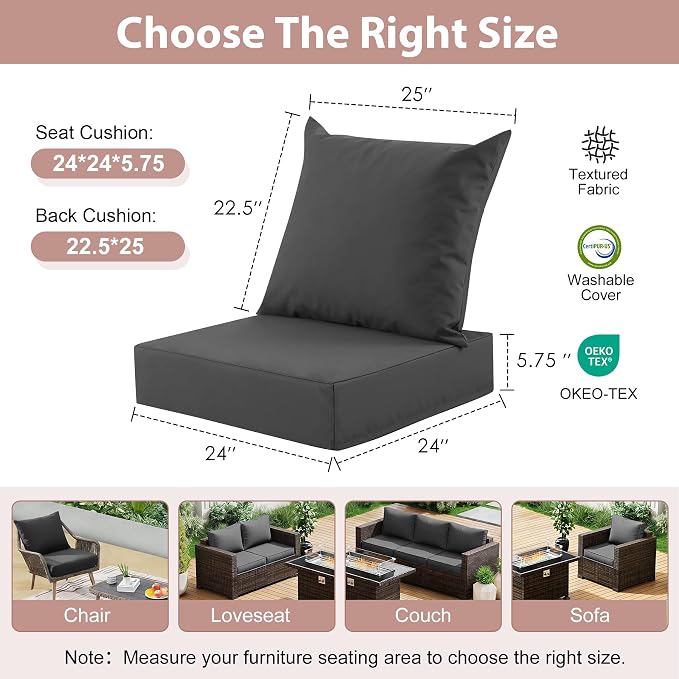 Outdoor Deep Seat Cushion Set, 24x24 Inch Water-Resistant & Fade-Resistant Outdoor Chair Cushions, Patio Furniture Cushions with Removable Cover for Patio Chair, Sofa, Dark Grey (Set of 1) - Image 2