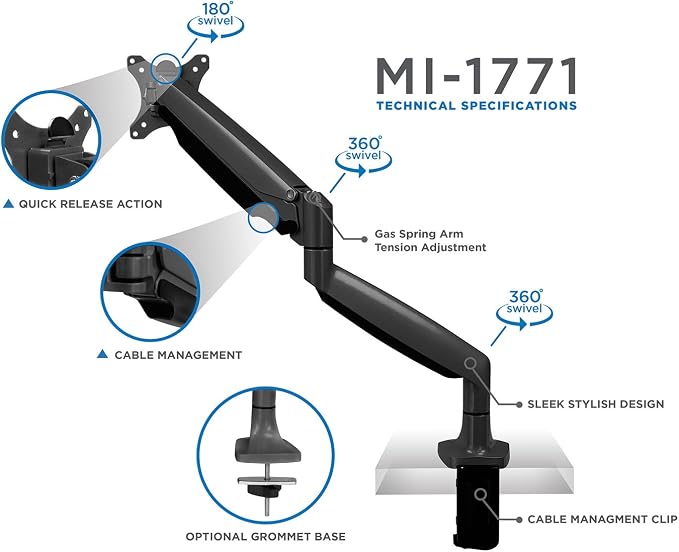 Mount-It! Single Monitor Arm Desk Mount with Gas Spring, Height Adjustable Monitor Stand for 13–32 Inch Screens up to 20 lbs, VESA 75x75 & 100x100, C-Clamp & Grommet, Sit-Stand Desk Compatible - Image 6