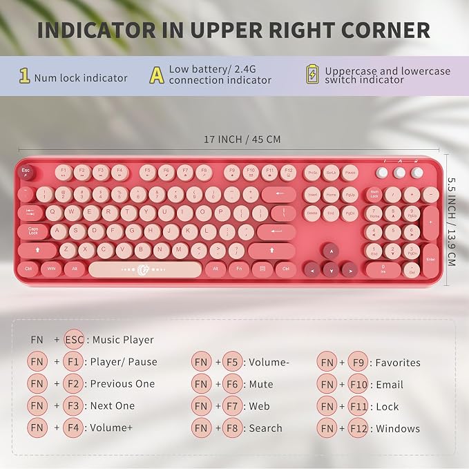 Wireless Keyboard and Mouse Combo | Cute Colorful Keyboard and Mouse with 2.4GHz Cordless Retro Typewriter Keyboard | Auto-Sleep | USB Receiver for Windows PC/Laptop - Pink Colorful - Image 3