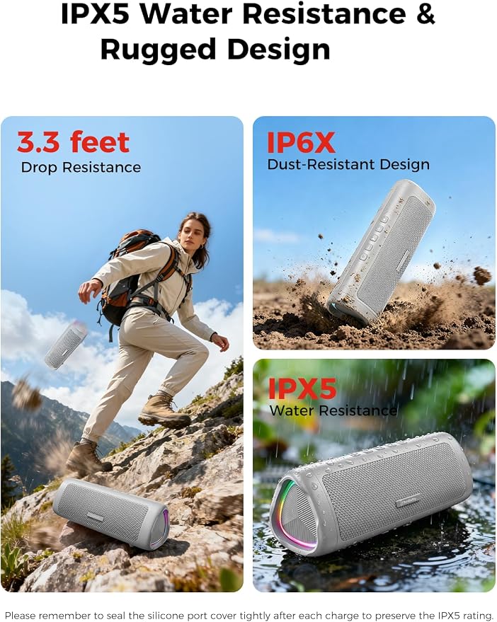 Bluetooth Speaker, 20W HD Sound, Portable Wireless, IPX5 Waterproof, Up to 24H Playtime, TWS Pairing, for Home/Party/Outdoor/Camping/Beach Essentials, Electronic Gadgets, Birthday Gift (Grey) - Image 4