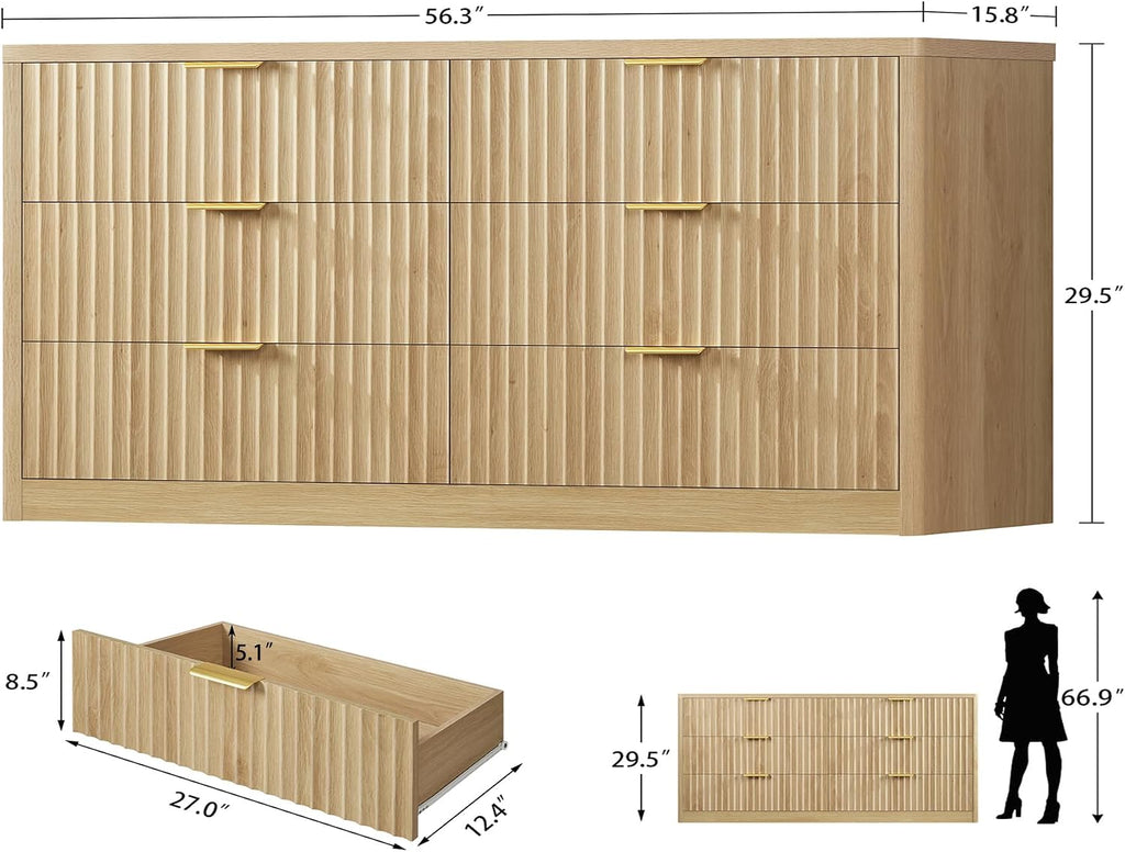 56.3'' Dresser for Bedroom with 6 Drawers, Dressers & Chest of Drawers with Curved Profile Design, 6 Drawer Dresser, Fluted Dressers, Wood Dressers for Bedroom, Living Room, Natural - Image 2