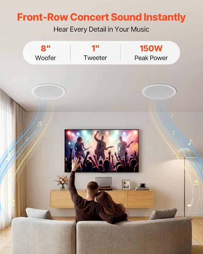 VEVOR in Ceiling Speakers, 8", in-Ceiling & in-Wall Speaker System, Hi-Fi Sound, 150W Peak, 2-Way Flush Mount Speakers, for Damp Humid Placement, Home Theater, Living Room, or Covered Patio, 1 Pair - Image 2