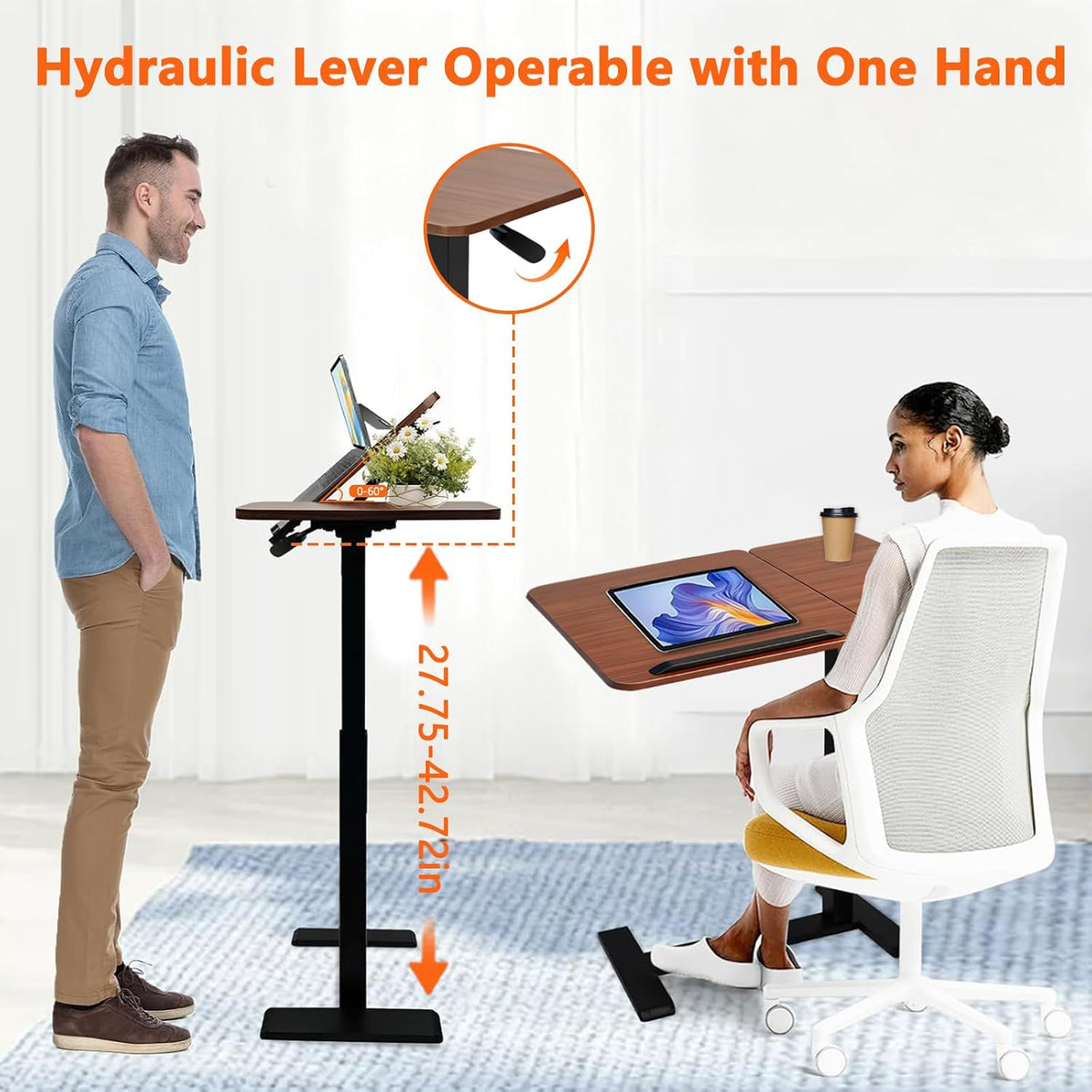 Overbed Bedside Table with Wheels, Pneumatic Adjustable Rolling Laptop Desk,Tiltable Bed Table Over The Bed,Mobile Standing Desk for Bedroom,Couch, Office and Home Use - Image 5