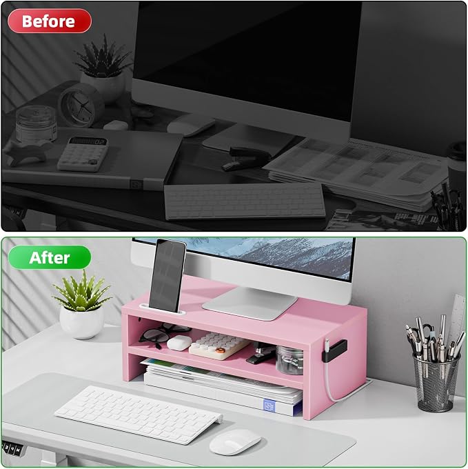 Marbrasse Wood Monitor Stand Riser,Desk Computer Printer Shelf Stand，Pink | 2 Tier Laptop Computer Screen Storage, Desktop Stand with Phone Holder and Cable Management - Image 4