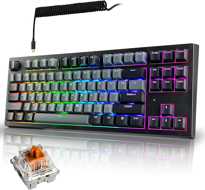 TECWARE Phantom+ Elite 87 Key RGB Mechanical Gaming Keyboard | 3-Mode Wireless Bluetooth 5.0, 2.4GHz & USB-C Wired | Hot-Swappable 5-Pin | Double-Shot PBT Keycaps | Wraith Brown Switch - Black by Tecware