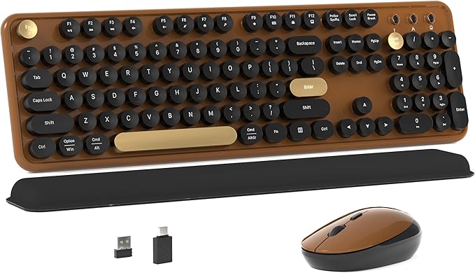 Colorful MPTOG Wireless Computer Keyboard and Mouse Combo (Black-Brown) | Retro Round Typewriter Keycaps, Power Switch, Ergonomic Design, 2.4GHz Wireless for Windows, Mac, PC by MPTOG