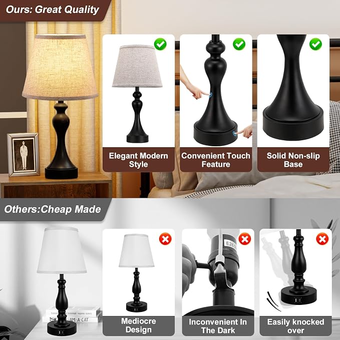 Touch Lamps for Nightstand, 3 Way Dimmable Bedside Lamps with USB C+A Ports | Touch Control, LED Bulb Included, Small Black Table Lamp for Bedroom, Night Stands, End Table, Gift，Corded，Beige Shade - Image 8