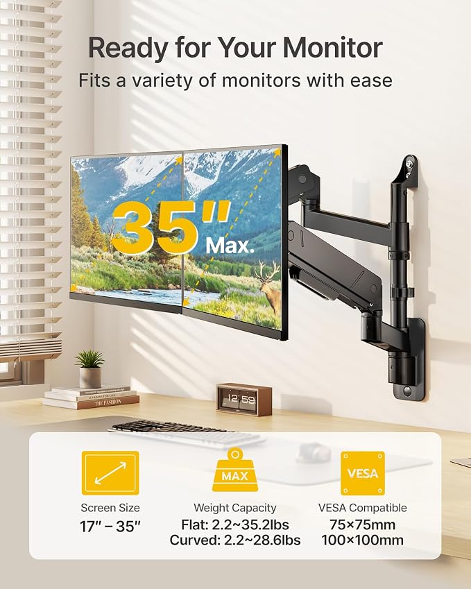 monTEK Vertical Dual Monitor Wall Mount for 17-35" Screens, 35.2 Lbs Each | Heavy Duty Dual Monitor Arm, Full Motion, 75x75/100x100 Compatible, for Flat/Curved Monitors, Home Office & Gaming, Black - Image 2