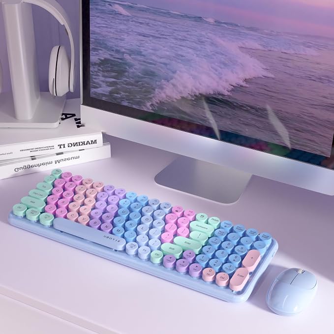UBOTIE Wireless Keyboards and Mouse Combo (Purple Rainbow) | Colorful Gradient Rainbow Color Retro Typewriter Flexible Keyboard, 2.4GHz Connection and Optical Mouse for PC Wins Mac - Image 4