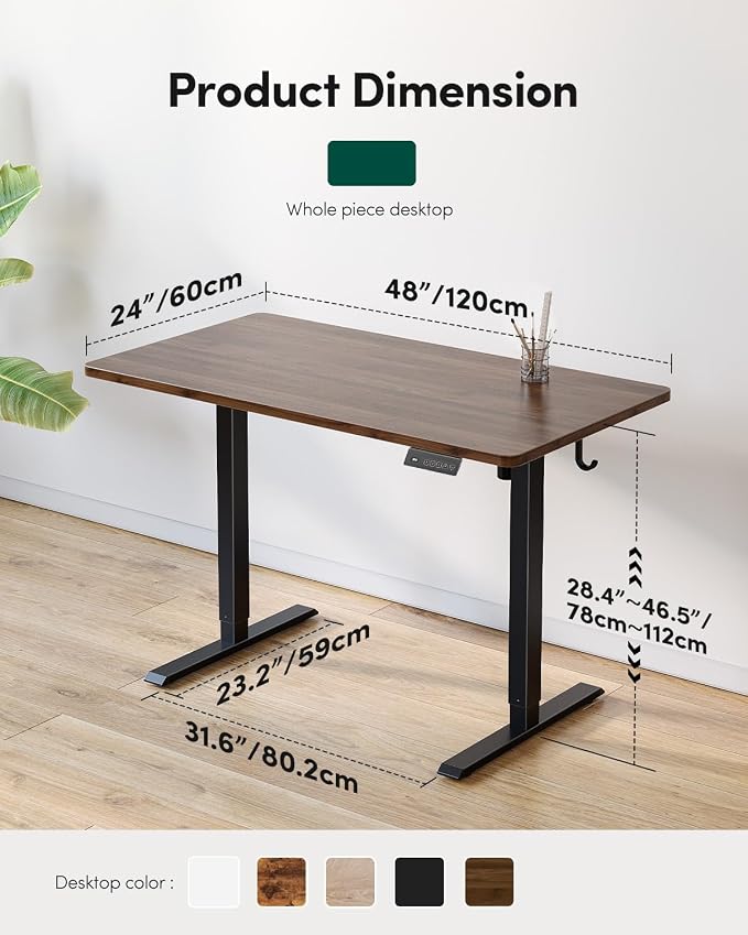 CubiCubi 48 x 24 One-Piece Electric Adjustable Standing Desk, Black Walnut | Height Adjustable Electric Large Computer Home Office Sit Stand up Workstation, with Memory Presets, Headphone Hook - Image 2