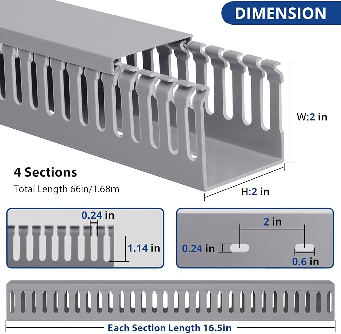 2" H x 2" W Cable Raceway, 66in Under Desk Wire Management Channel, Grey | Slotted Wire Duct, 4Pack, 16.5in Each, Heavy-Duty PVC Cable Management for Server Racks, Network Cables & Electrical Cabinets - Image 2