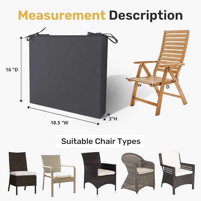 UNIKOME Outdoor Chair Cushions Pack of 4, Water Resistant Patio Cushions with Ties, High Density Sponge Filling Square Corner Seat Cushions for Outdoor Furniture, 18.5"*16"*3", Grey - Image 5