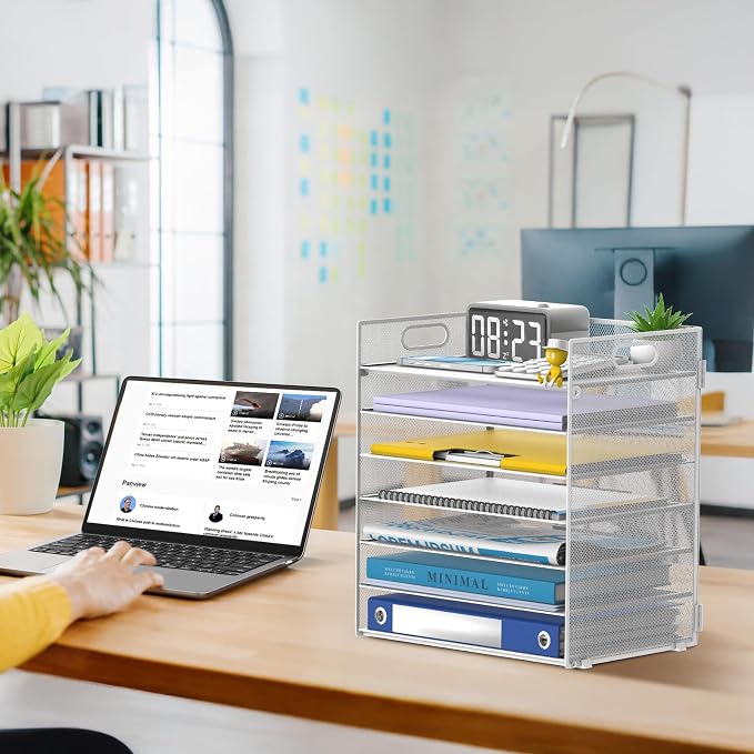 7 Tier Paper Organizer for Desk with Letter Trays & Handle White | Black Desk File Organizer with Handle for Sorting Papers, Files, Folders, Mail, Bills and Office Supplies - Image 7