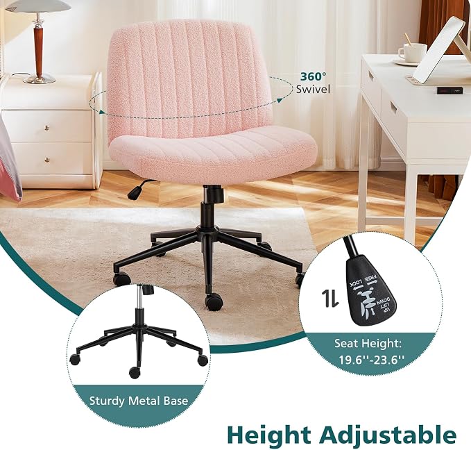 OLIXIS Criss Cross Chair with Wheels, Vanity Chair, Home Office Desk | Furry Teddy Fleece, Wide Seat Armless, Height Adjustable Swivel, Home Computer Task, Bedroom, Study, Pink Teddy - Image 4