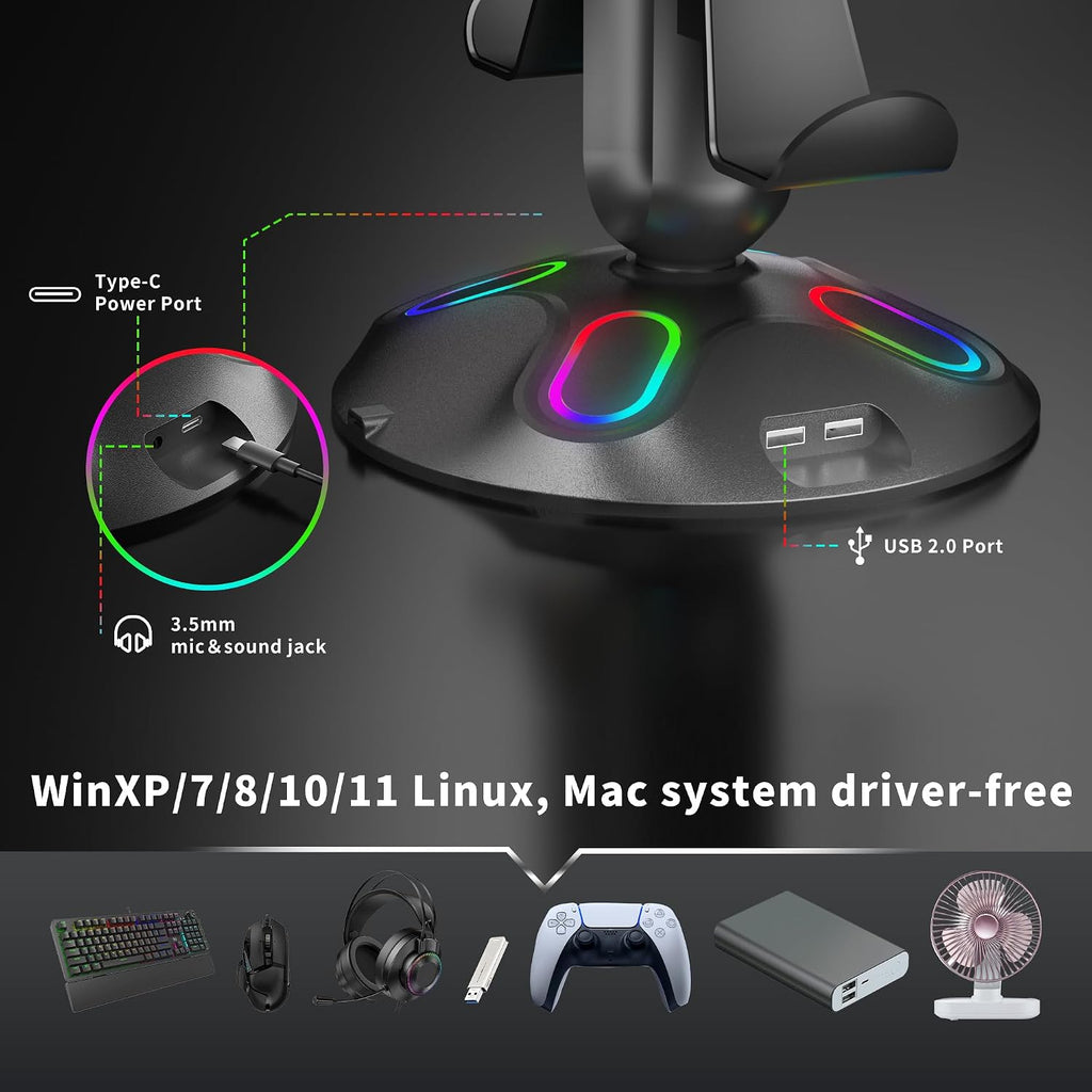 Gaming RGB Headphone Stand, Controller Holder with 9 Light Modes and 2 USB Charging Ports and 3.5mm & Type-C - Controller Stand Hanger Accessories for Desk and Gamer(Black) A - Image 3